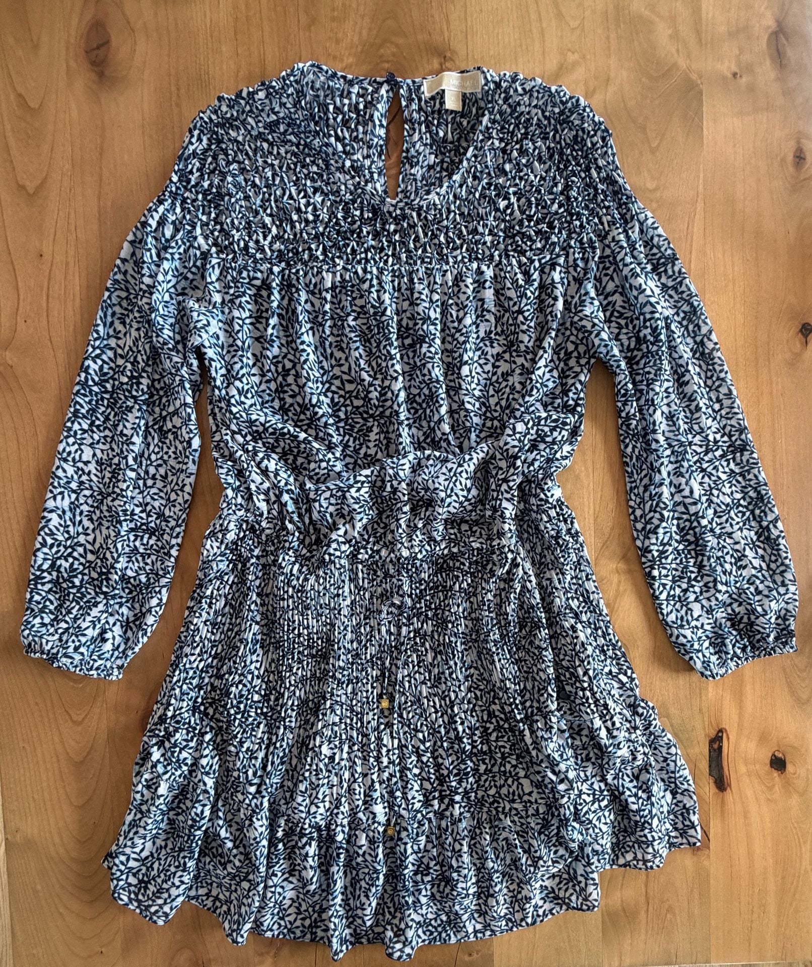 Michael Michael Kors Blue & White Leaf Print Smocked Pleated Mini Dress Size Xl